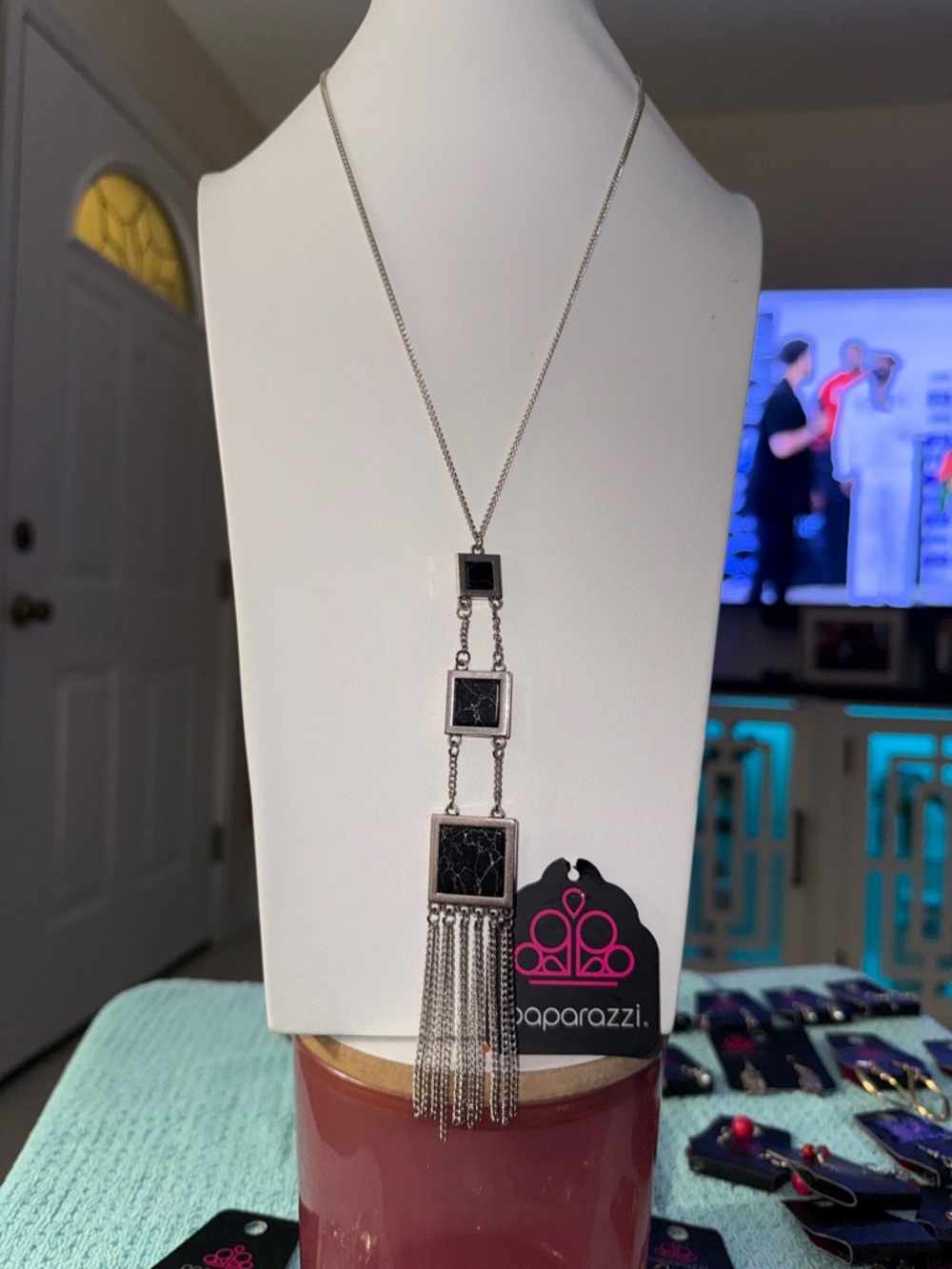 Paparazzi Silver Black Stone Multi-Drop Tassel Necklace